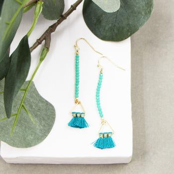 Little triangle on beaded dangle and tassel earrings