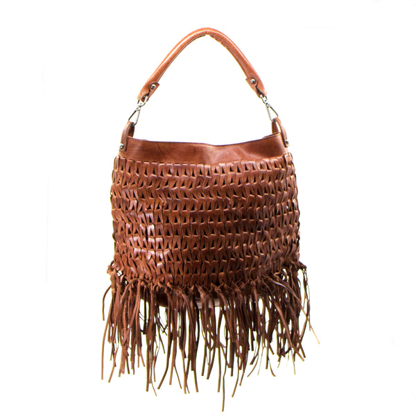 Luxury intricate woven leather bag with tassels