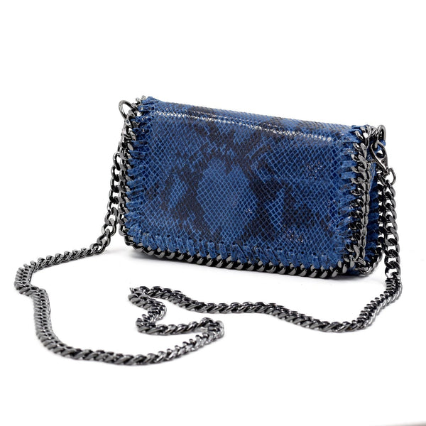 Italian real leather snake print clutch bag with crossbody chain