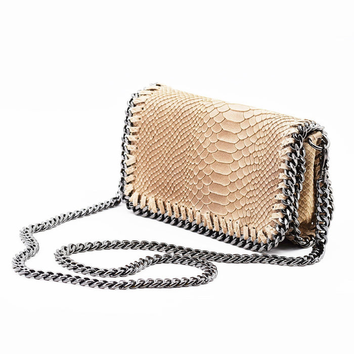 Italian real leather snake print clutch bag with crossbody chain