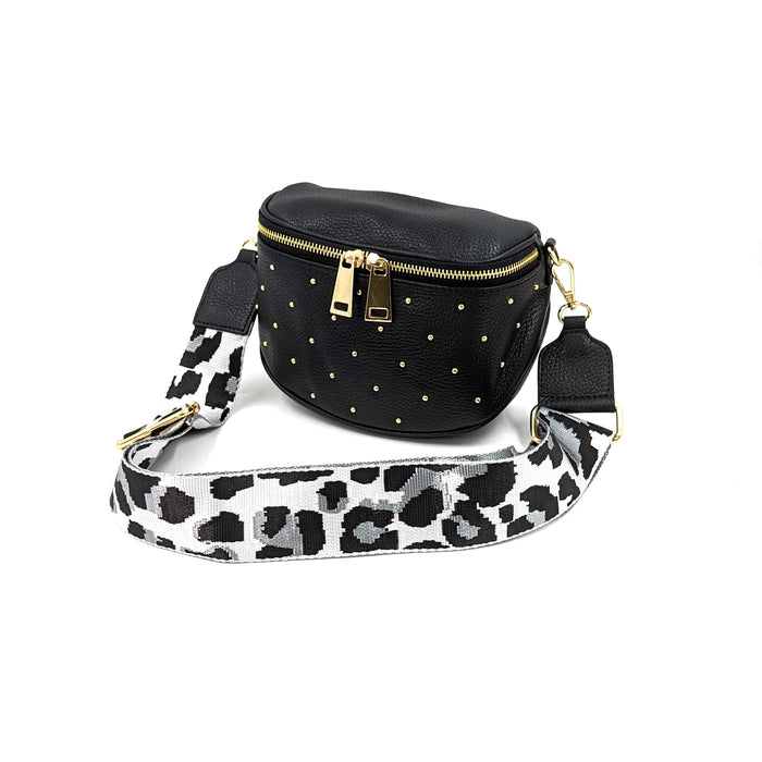 Studded leather bag with woven satin effect leo feature strap