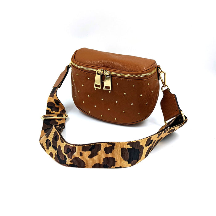 Studded leather bag with woven satin effect leo feature strap