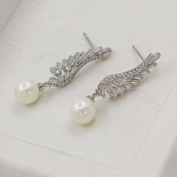 Cubic zirconia angel wing earrings with pearl drop