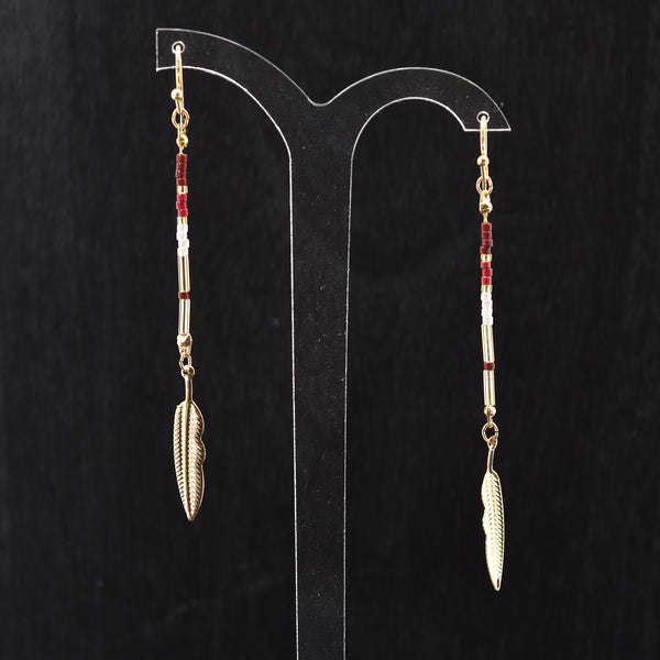 Gold plated long earring with little feather and Japanese seed beads