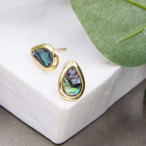 Gold plated drop shaped studs with paua shell inlay