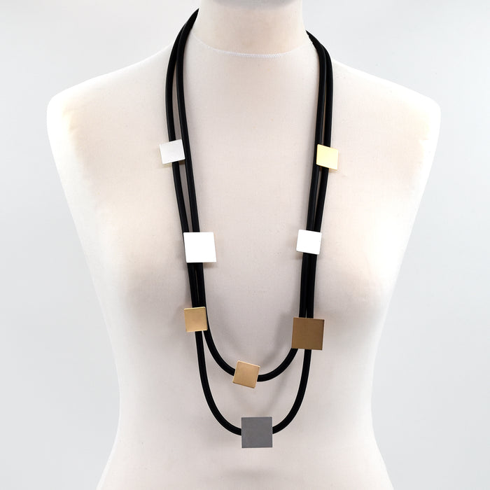 Double strand neoprene long necklace with square pendants