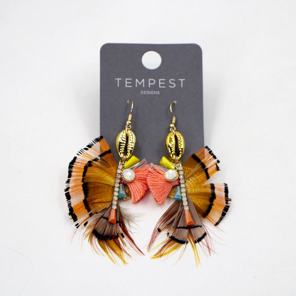 Feather earrings with gold plated cowrie shell component