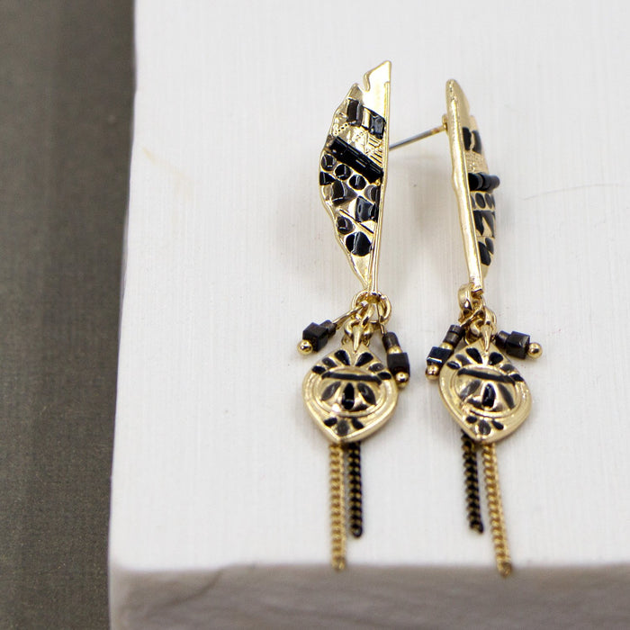Black and gold aztec design boho style earrings