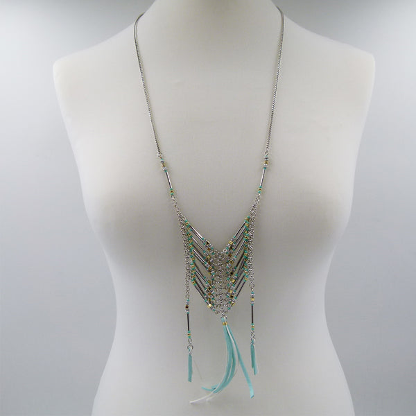 American indian style long turquoise beaded necklace with faux suede tassels