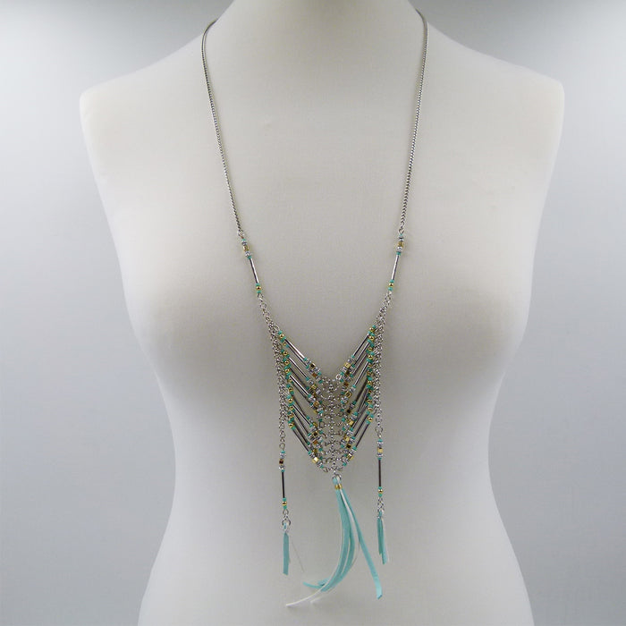 American indian style long turquoise beaded necklace with faux suede tassels