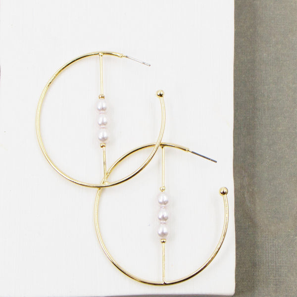 Contemporary hoop earrings with cross bar and faux pearl elements