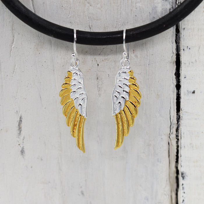 Sterling silver angel wing drop earrings with gold plating