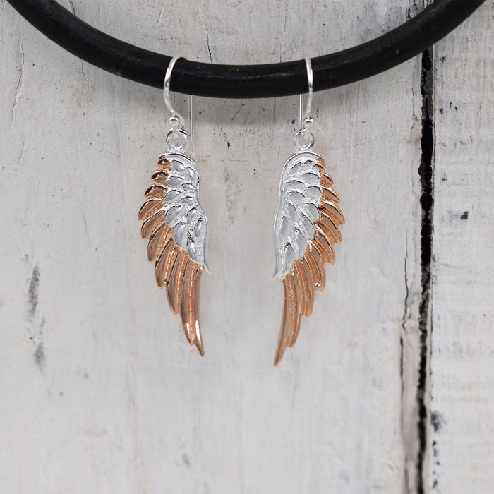 Sterling silver angel wing drop earrings with rose gold plating