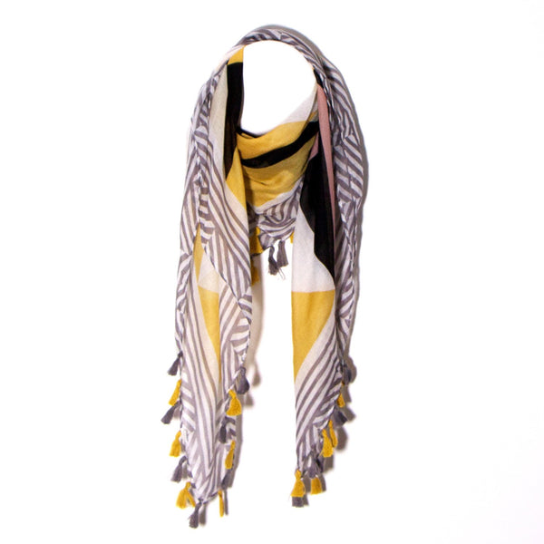 Geometric triangle block print scarf with tassels