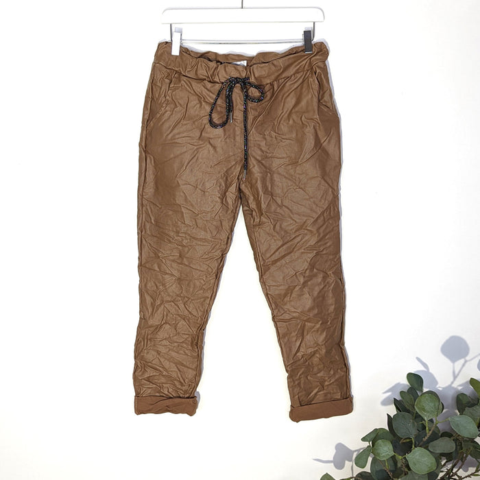 Leather look plain stretch trousers with drawstring waist (M-L)