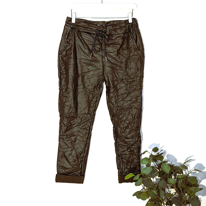 Leather look plain stretch trousers with drawstring waist (M-L)