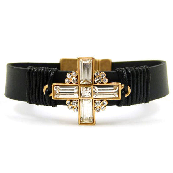 Crystal cross design leather bracelet with magnetic clasp